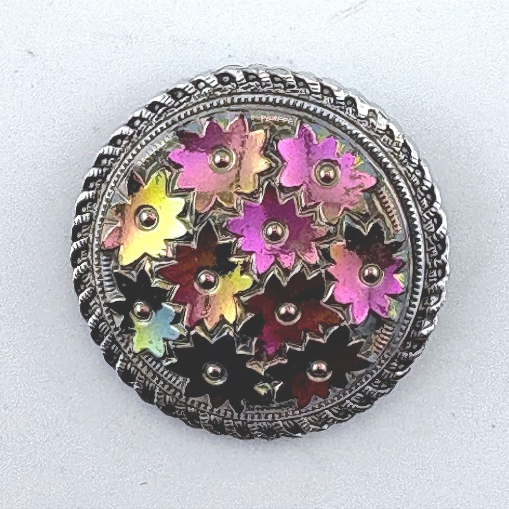 Vintage Western Germany Iridescent Floral Scarf Clip Silver Tone Round Flower